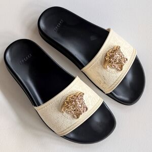 Versace Cream and Black Slides with Gold Medusa